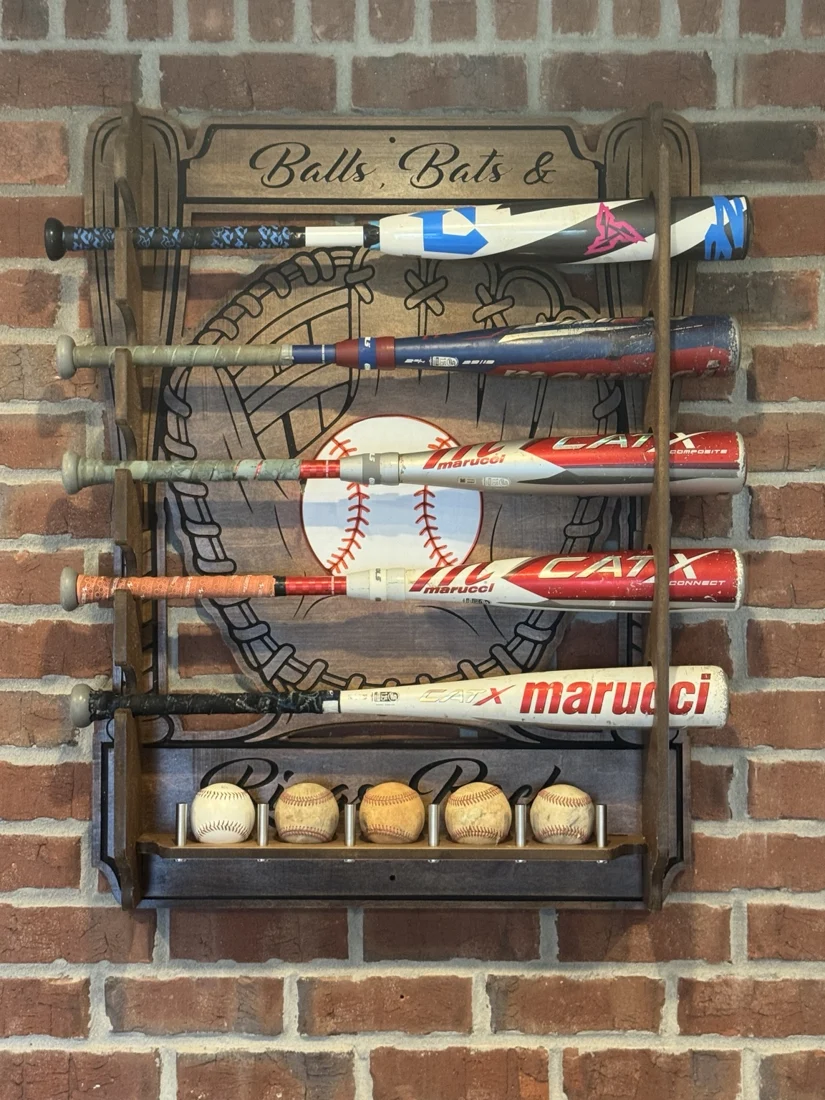 Handcrafted baseball display holding bats and baseballs